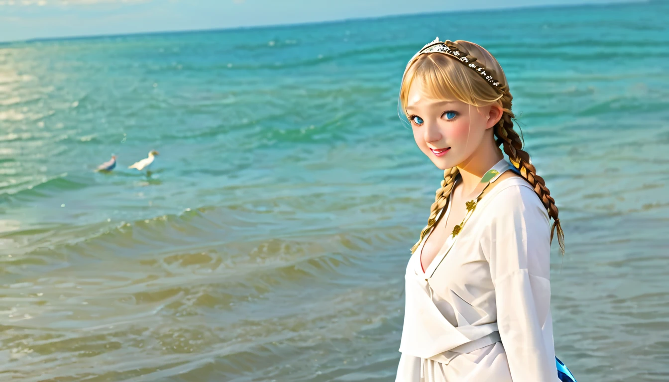 ,((Highest quality))),8k,((masterpiece)),(Very sophisticated and beautiful), A girl emerges from the sea, The Swan Princess of Russian Mythology, Beautiful calm face, blue eyes, Long blonde hair braided, Moon braid at the back of the head, With a kokoshnik crown on his head、White and shiny old Russian clothing, Loving eyes, Half-laugh, There was a gentle look on his face, Background seascape and sunlight, Seagulls in the sky, full length, realism