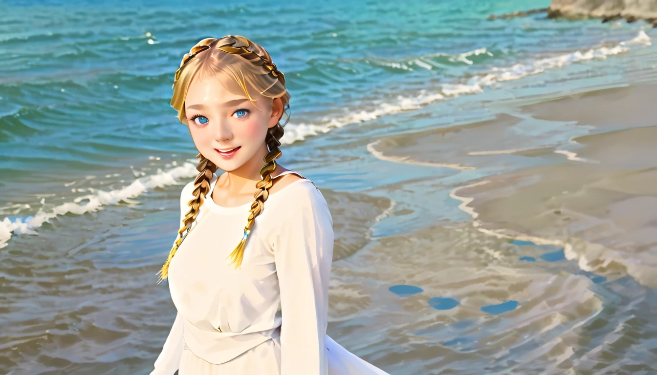 ,((Highest quality))),8k,((masterpiece)),(Very sophisticated and beautiful), A girl emerges from the sea, The Swan Princess of Russian Mythology, Beautiful calm face, blue eyes, Long blonde hair braided, Moon braid at the back of the head, With a kokoshnik crown on his head、White and shiny old Russian clothing, Loving eyes, Half-laugh, There was a gentle look on his face, Background seascape and sunlight, Seagulls in the sky, full length, realism