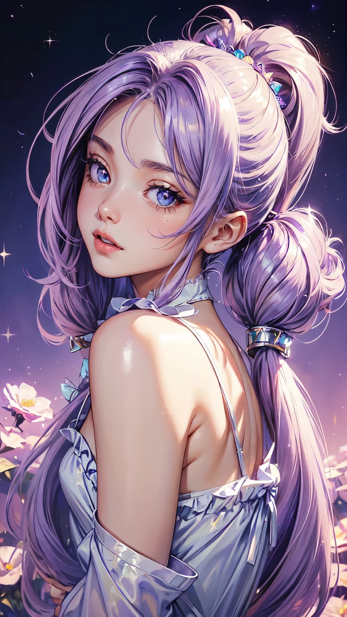 masutepiece, High resolution, 8K, anime woman, Delicate and detailed writing 、Detailed digital illustration、(((Straight pigtail)))、Shiny hair、Bangs、a very beautiful woman、Eyes are double, Large, (((Bust is an A cup)))、High image quality, High quality、Detailed background、(((Wearing cute nightwear in white and lilac)))、((Beautiful blue sky and flower garden))、The inside of the eye shines like a diamond、Light purple hair、Gradient pupil、(((2 arms、4 fingers, 1 thumb)))、Detailed female face、Very beautiful and cute woman、、Detailed background、masterpiece、Soft Focus , Bright gradient watercolor , Lens Flare , (((Glitter))) , Glow , Dreamy , Light Purple Ribbon、Very Beautiful Light Purple Rose Hair Accessories、Light purple and gold costume with white as the main color、((Straight at the angle of the front))、yawning being、Sleepy face、Night Background、Background of 1 star,detailed face, detailed eyes, detailed hands, colors
