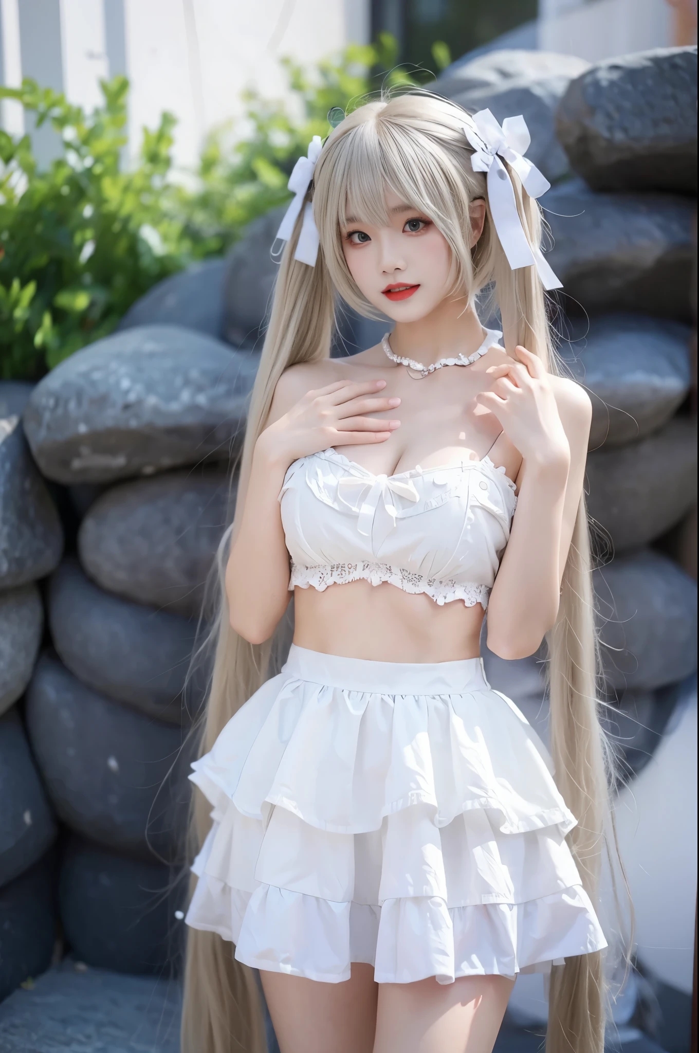 kasugano sora,long white hair,twintails,hair ribbon,hair ornament, Beauty, beautiful女人，Have a perfect body：1.4，Layered Hairstyle，((Large Breasts)), ((D cup)), Visible cleavage，Bare shoulders, Highly detailed face and skin texture，Double eyelids，Skin Whitening，Long hair，Whitening long legs，Standing by the sea, Fashion Girl, Red lips, Sweet Girl, beautiful妆容, detail, lifelike, Very detailed, Astonishing, beautiful, Young and energetic, high quality，HD, Colorful，Beautifully, Smooth skin, The skirt is very short, Lifting the skirt with hands, Elegant and charming gesture, Official Art, Extremely detailed, Movie atmosphere, Soft colors, Natural skin texture,