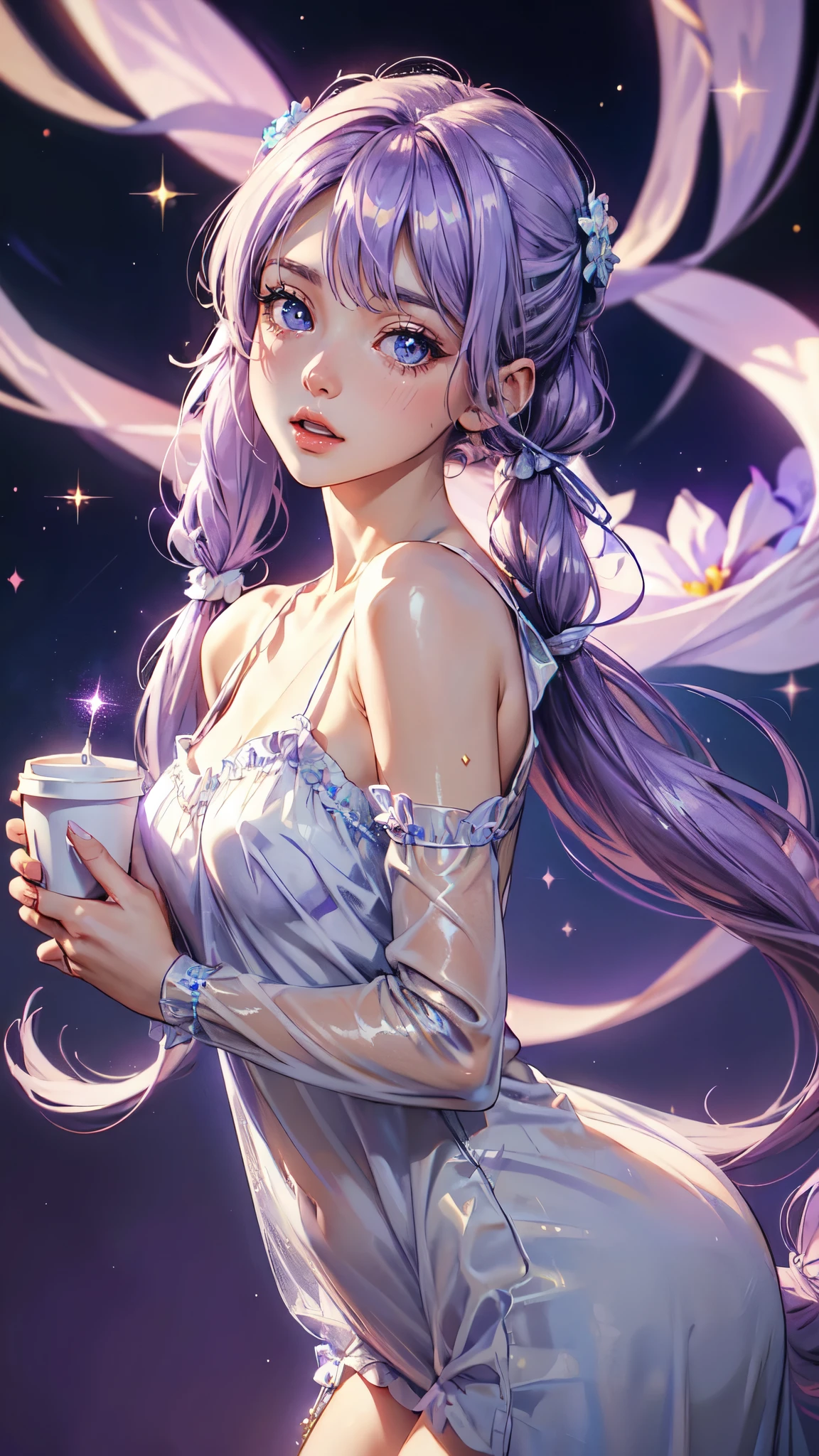 masutepiece, High resolution, 8K, anime woman, Delicate and detailed writing 、Detailed digital illustration、(((Straight pigtail)))、Shiny hair、Bangs、a very beautiful woman、Eyes are double, Large, (((Bust is an A cup)))、High image quality, High quality、Detailed background、(((Wearing cute nightwear in white and lilac)))、((Beautiful blue sky and flower garden))、The inside of the eye shines like a diamond、Light purple hair、Gradient pupil、(((2 arms、4 fingers, 1 thumb)))、Detailed female face、Very beautiful and cute woman、、Detailed background、masterpiece、Soft Focus , Bright gradient watercolor , Lens Flare , (((Glitter))) , Glow , Dreamy , Light Purple Ribbon、Very Beautiful Light Purple Rose Hair Accessories、Light purple and gold costume with white as the main color、((Straight at the angle of the front))、yawning being、Sleepy face、Night Background、Background of 1 star,detailed face, detailed eyes, detailed hands, colors