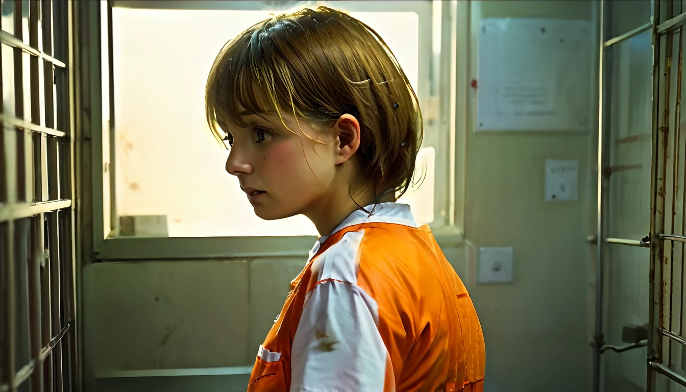 ((realism)), extremely high quality RAW photograph, Detailed Background, complicated, Messy Hair, Exquisite detail and texture, Very detailed, photograph (Allison Mack) In a prison cell, (wearing orange prison uniform:1.3), Looking away from the camera, 超詳細なphotograph, Warm lighting, Art Station, 4K, Sharp focus, High resolution, Detailed skin, Fine grain, 8K Ultra HD, Digital SLR, Low strong lighting, high quality, Film Grain, Fujifilm XT3, sad:1.3