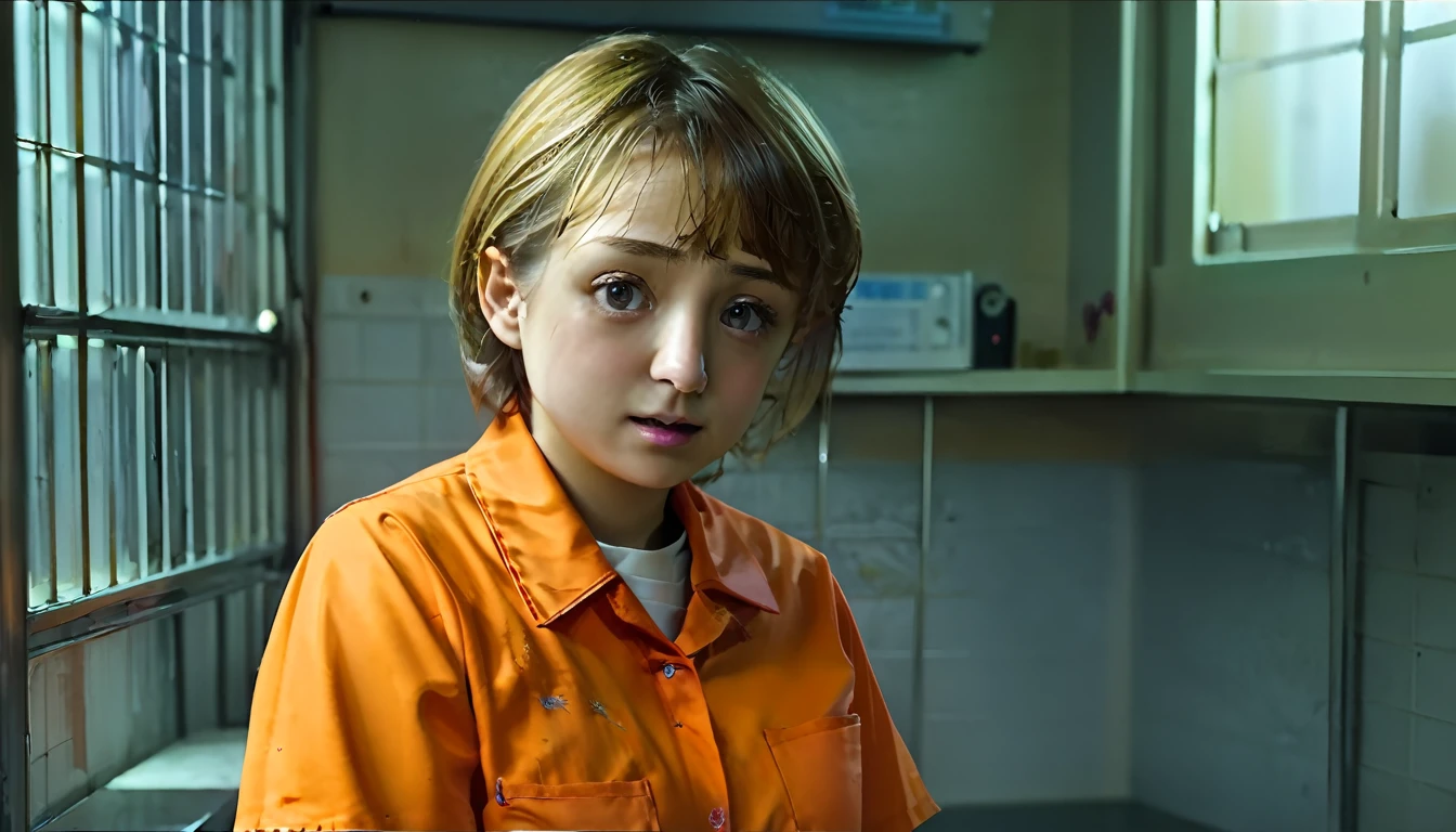 ((realism)), extremely high quality RAW photograph, Detailed Background, complicated, Messy Hair, Exquisite detail and texture, Very detailed, photograph (Allison Mack) In a prison cell, (wearing orange prison uniform:1.3), Looking away from the camera, 超詳細なphotograph, Warm lighting, Art Station, 4K, Sharp focus, High resolution, Detailed skin, Fine grain, 8K Ultra HD, Digital SLR, Low strong lighting, high quality, Film Grain, Fujifilm XT3, sad:1.3