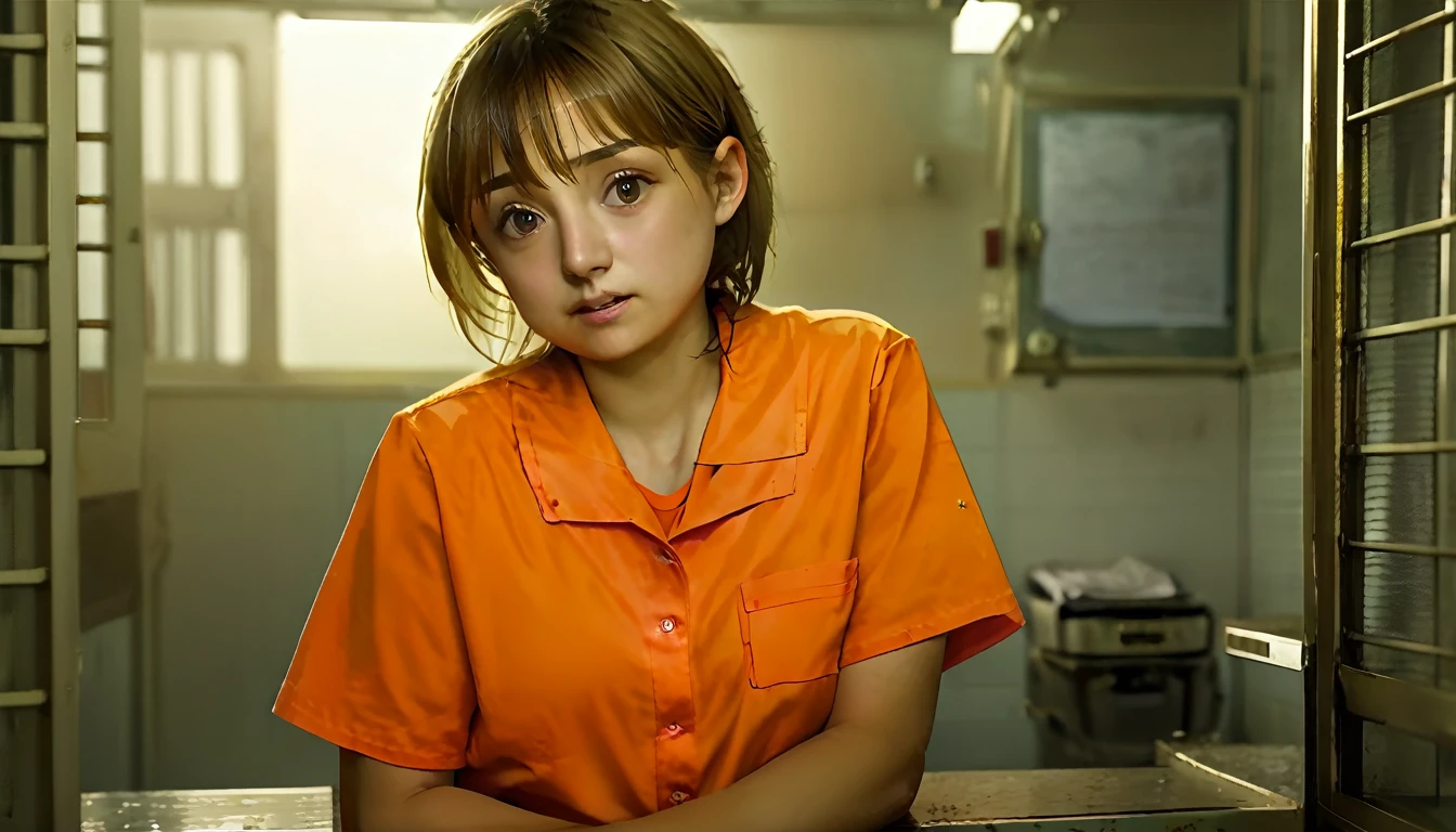 ((realism)), extremely high quality RAW photograph, Detailed Background, complicated, Messy Hair, Exquisite detail and texture, Very detailed, photograph (Allison Mack) In a prison cell, (wearing orange prison uniform:1.3), Looking away from the camera, 超詳細なphotograph, Warm lighting, Art Station, 4K, Sharp focus, High resolution, Detailed skin, Fine grain, 8K Ultra HD, Digital SLR, Low strong lighting, high quality, Film Grain, Fujifilm XT3, sad:1.3