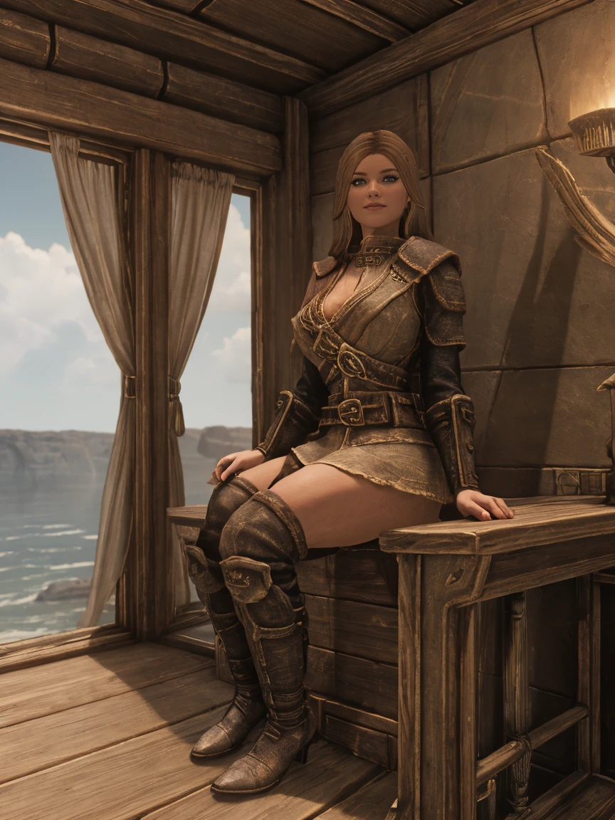 Elder Scrolls fantasy: A seductive female Breton maiden sits poised on the ship to Daggerfall, her crossed legs a subtle invitation. Soft sunlight bathes her porcelain skin as she wears a tantalizingly short skirt and knee-high leather boots, her smile beckoning the viewer's gaze. Her eyes sparkle with mischief, inviting all who lay eyes on her to join in the adventure.