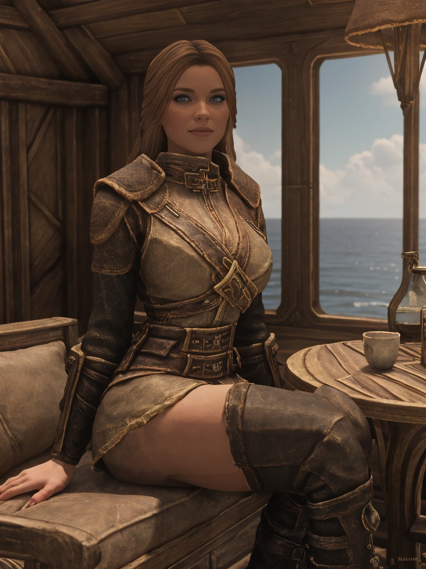 Elder Scrolls fantasy: A seductive female Breton maiden sits poised on the ship to Daggerfall, her crossed legs a subtle invitation. Soft sunlight bathes her porcelain skin as she wears a tantalizingly short skirt and knee-high leather boots, her smile beckoning the viewer's gaze. Her eyes sparkle with mischief, inviting all who lay eyes on her to join in the adventure.