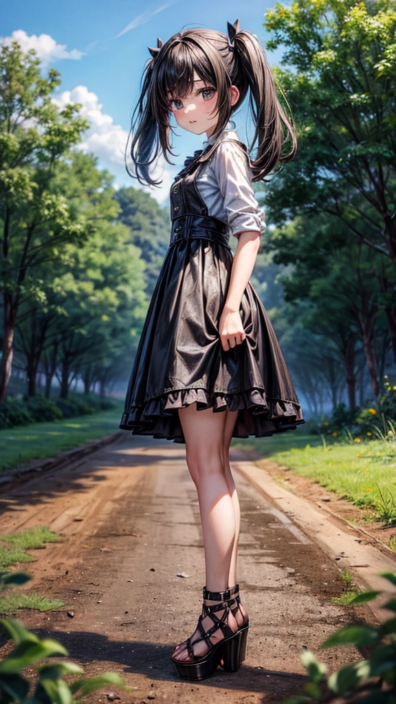 young country , tall open-toed platform high heels, countryside, dirt road, black hair in pigtails, dirty, torn clothes