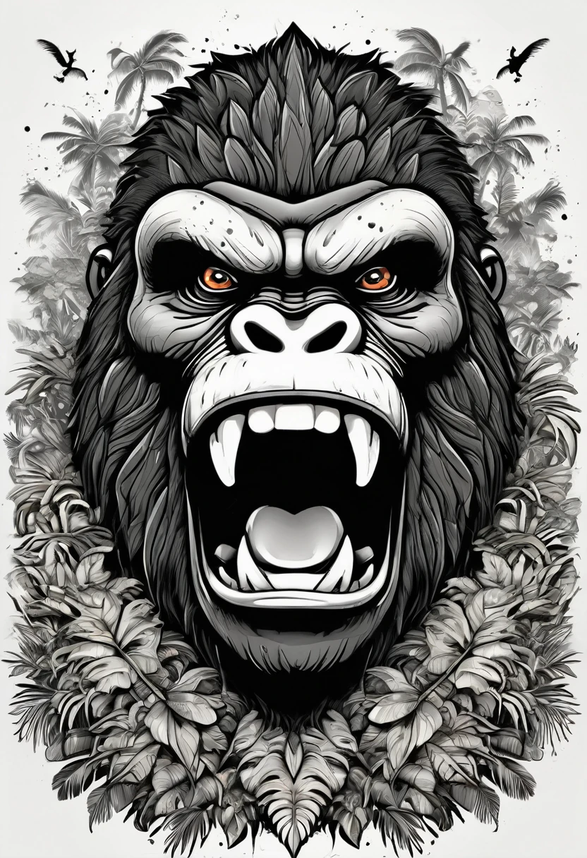 (((a sticker))), (((white background))),splash art, intricately detailed t-shirt design ready for print , 2d, ONE angry wild shouting furious  HUGE KING KONG in foreground, Jungle sunset at the background, vibe detailed design for streetwear and urban style t-shirts design, pro vector, (cel-shading style:1.3), inkpunk, (ink lines:1.1), strong outlines, bold traces, high contrast, (cel-shaded:1.1), vector, 32k resolution, best quality, flat lights,vector t-shirt art ready for print, intricate rich extremely complex ornaments illustration, extremely detailed and complex illustration, high detail, clean lines style, intricate high details, (((white plain background)))