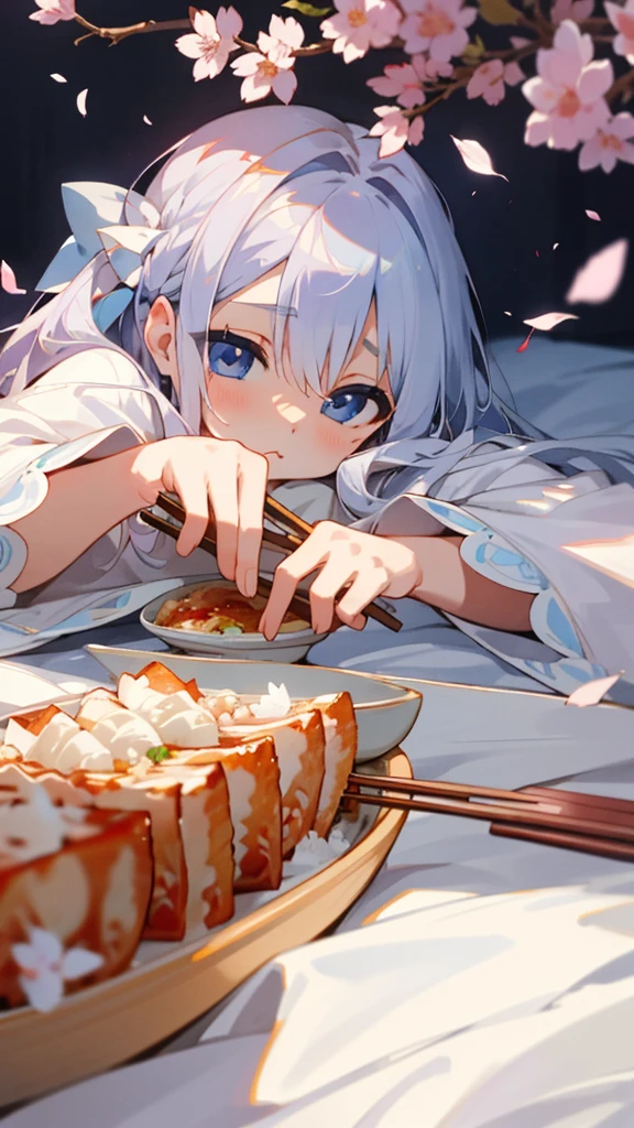 （Highest quality，masterpiece，Surreal），Silver Hair、blue eyes、Lying on the futon、Eat katsudon、looks delicious、Holding chopsticks in your right hand、Beautiful and delicate girl portrait，Playful and cute，Background Petals fluttering，