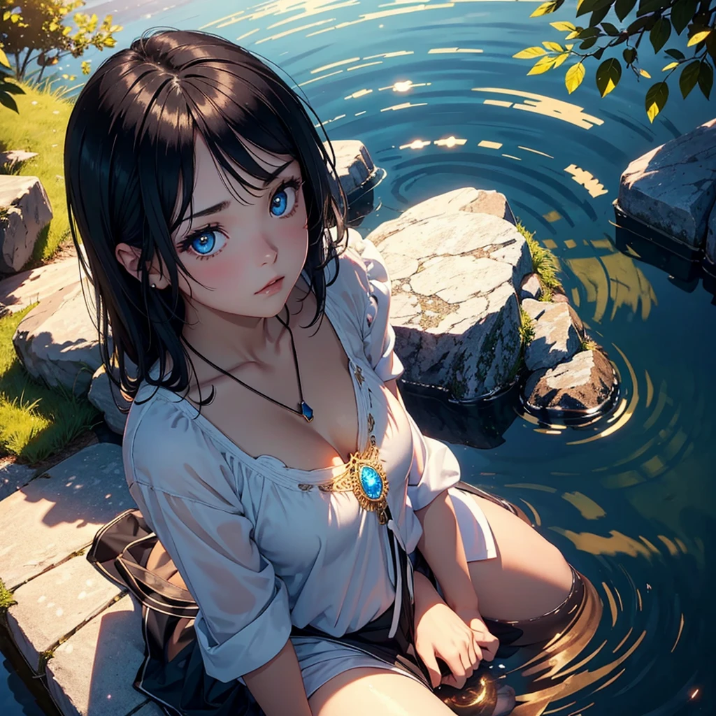 1 girl, serene expression, mesmerizing eyes, straight short black hair, blue eyes, flowing black dress, poised posture, porcelain skin, subtle blush, crystal pendant BREAK golden hour, (rim lighting):1.2, warm tones, sun flare, soft shadows, vibrant colors, painterly effect, dreamy atmosphere BREAK scenic lake, distant mountains, willow tree, calm water, reflection, sunlit clouds, peaceful ambiance, idyllic sunset, ultra detailed, official art, unity 8k wallpaper , zentangle, mandala, angry face