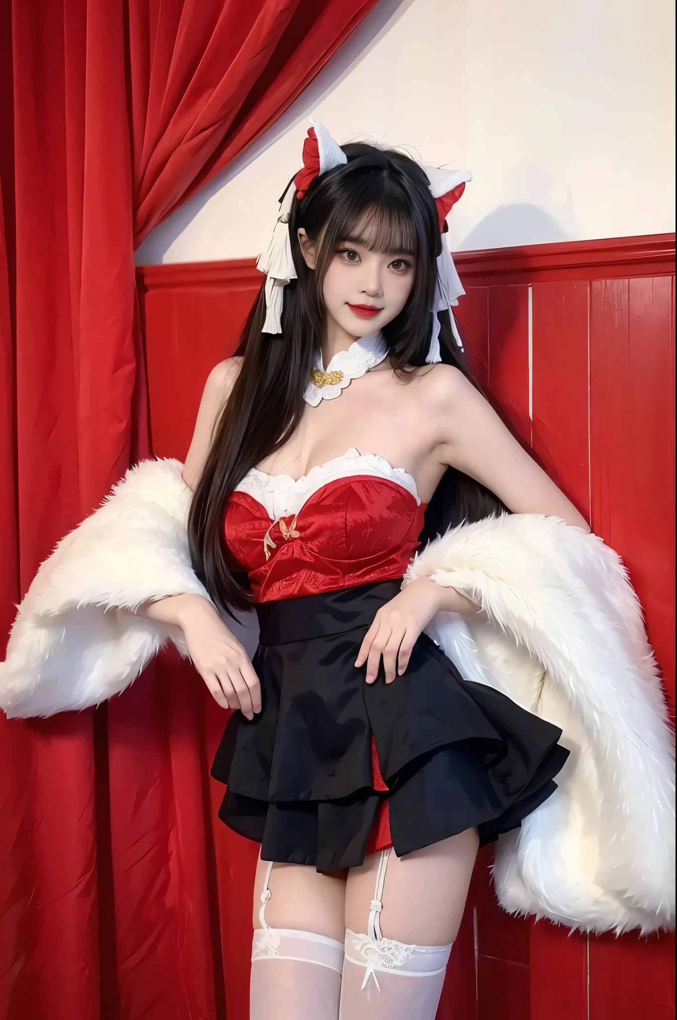 cheshire cosplay costume, cosplay, dress, chinese clothes, thighhighs, fur capelet, cat ears, hair ornament, red high heels beauty, beautiful女人，Have a perfect body：1.4，Layered Hairstyle，((Large Breasts)), ((D cup)), Visible cleavage，Bare shoulders, Highly detailed face and skin texture，Double eyelids，Skin Whitening，Long hair，Whitening long legs，Standing by the sea, Fashion Girl, Red lips, Sweet Girl, beautiful妆容, detail, lifelike, Very detailed, Astonishing, beautiful, Young and energetic, high quality，HD, Colorful，Beautifully, Smooth skin, The skirt is very short, Lifting the skirt with hands, Elegant and charming gesture, Official Art, Extremely detailed, Movie atmosphere, Soft colors, Natural skin texture,