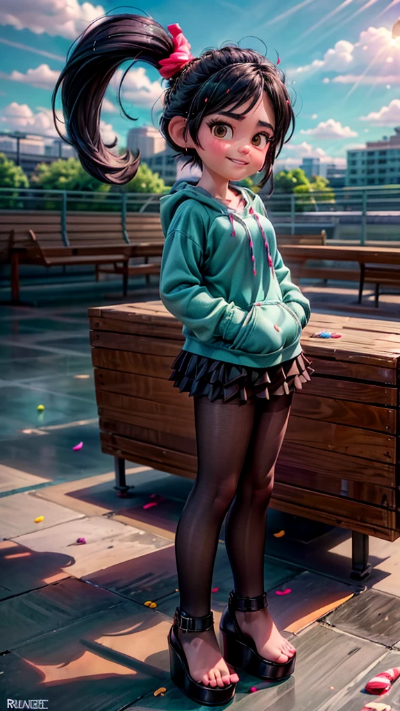 [Wreck_It_Ralph_Movie], ((masterpiece)), ((high quality)), ((HD)), ((beautiful portrait)), ((front view)), ((full body)), ((feet visible, visible feet, highly detailed feet, barefoot, open-toed platform high heels, masturbating, small breasts, nsfw)), ((beautiful background)), {vanellope von schweetz, black hair, red scrunchy, short ponytail, (candy in hair:1.2), (cute half-closed brown eyes), adult woman, beautiful legs, curvy hips, side-boobs, smug smirk, white teeth}, {(aqua sweatshirt), (brown tuffled skirt), (aqua striped pantyhose)}, {(standing on raceway), (hands in pockets), (looking at viewer)}, [Background: (racetrack), (confetti), (blue sky), (bright sun), (sun rays)]