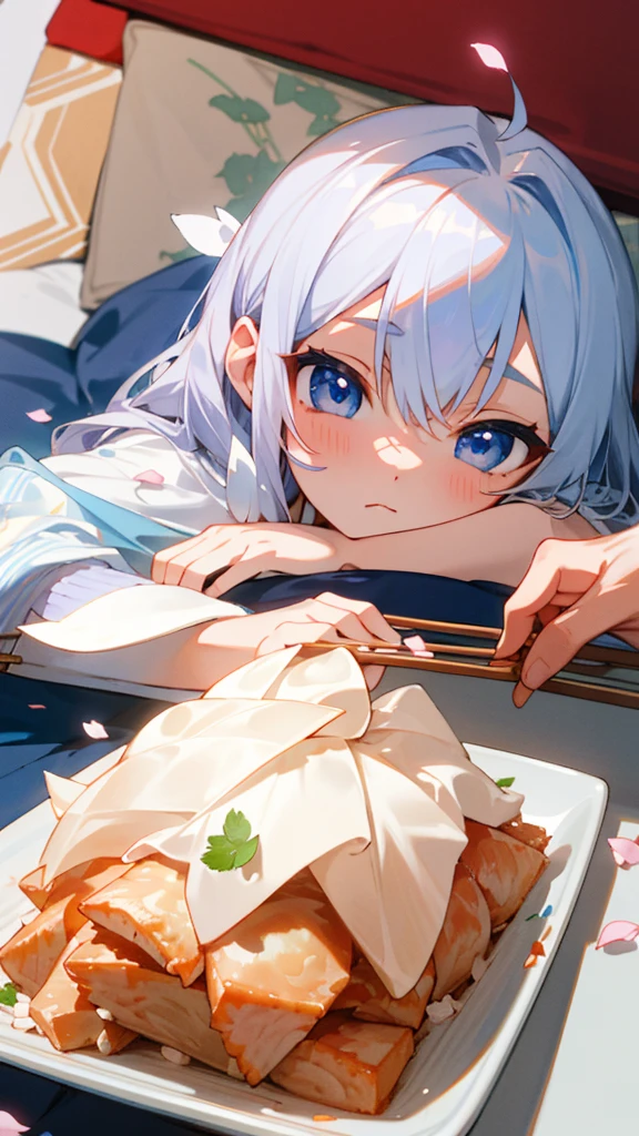 (Highest quality,masterpiece,Surreal),Silver Hair、blue eyes、Lying on the futon、Eat katsudon、looks delicious、Holding chopsticks in your right hand、Beautiful and delicate girl portrait,Playful and cute,Background Petals fluttering,