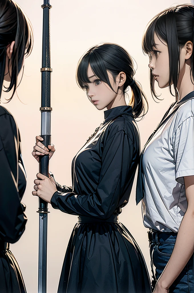 Three girls, line up vertically, hold the first sword, hold the second gun, raise the third fist