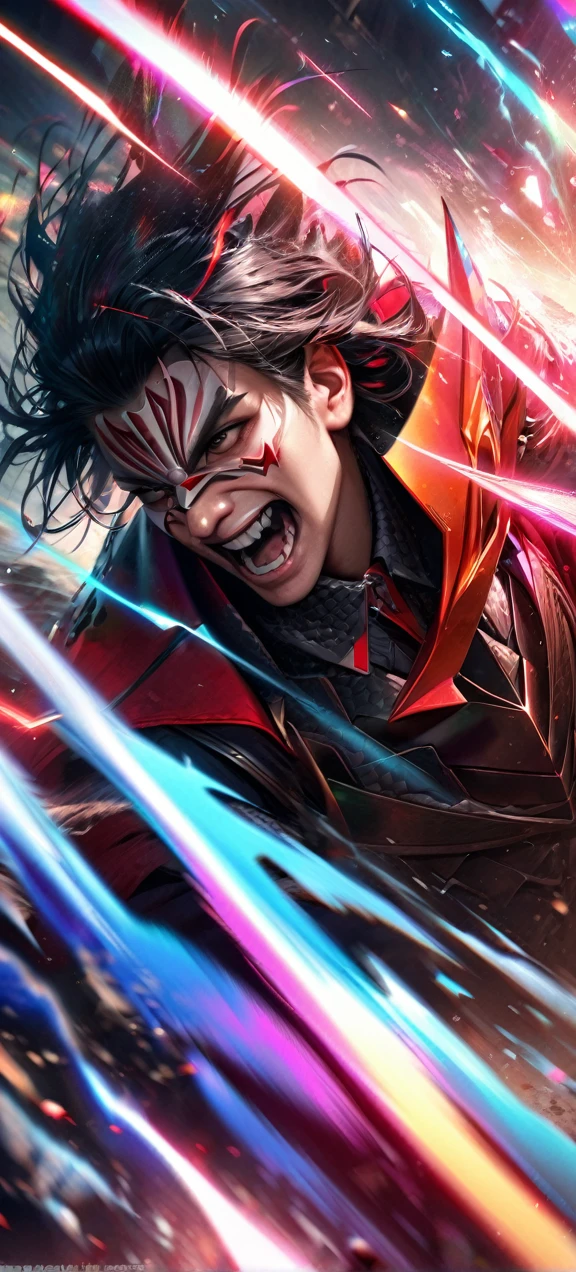 High quality, ultra realistic,absurdres, highres, ultra detailed, HDR, masterpiece, extremely detailed face and eyes, dragon knight, dragon knight mask,,colorful Black hair , , solo, ,man, handsome, , , Epic fight scene, colorful splashing effect,colorful lightning effect,glowing glitters ,
