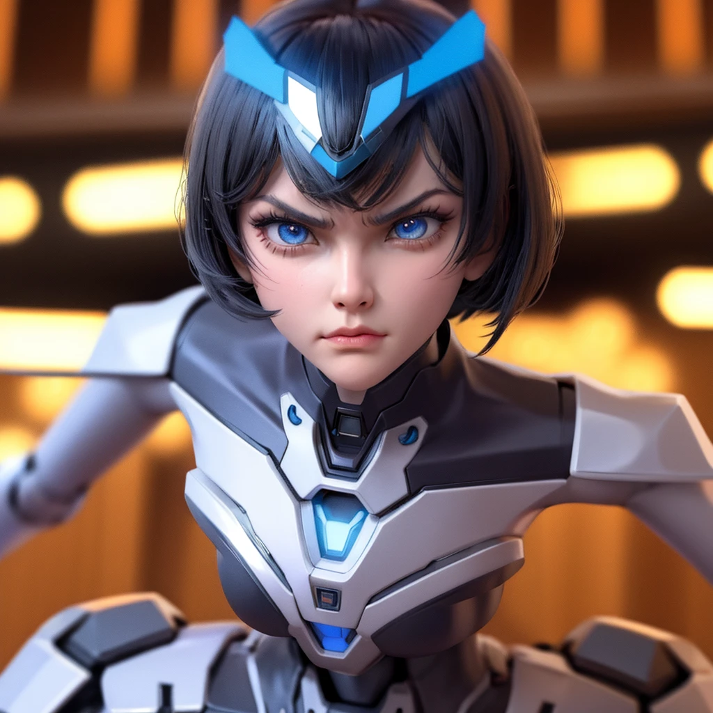 1girl, short black hair, blue eyes, robot body, angry face, robot masker, close up, 8K, Hi-Res