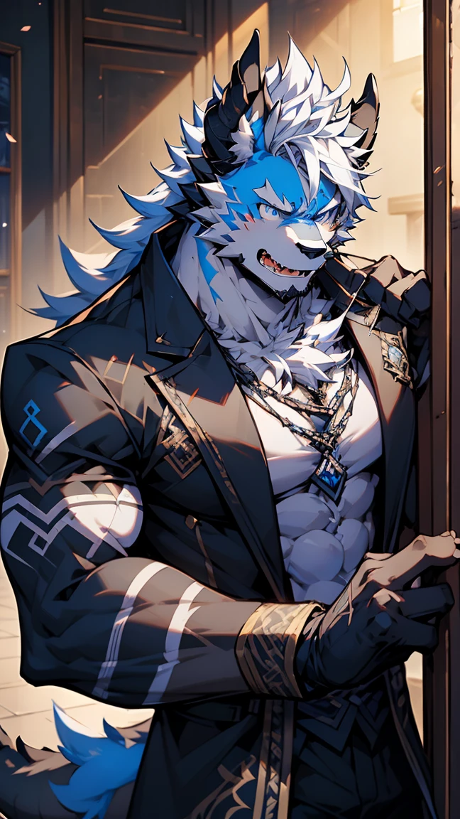 (masterpiece)，Very detailed，(best quality)，hairy，Wolf，male，Dragon Scale，black dragon horns，blue eyes，White hair，Black fur，尾巴hairy的，Blood in left eye，Hide in a corner，(Expression of fear)，Be honest and trustworthy，Handsome，8K，(high quality)