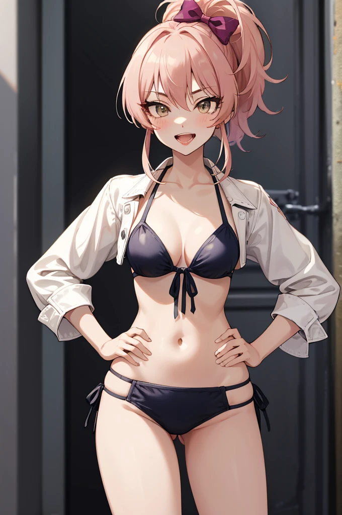 masterpiece, best quality, highres, aamika, ponytail, hair bow, , standing, cowboy shot, outdoors, hands on hips, ,wink,bikini,open mouth,tongue