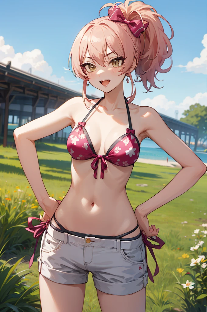 masterpiece, best quality, highres, aamika, ponytail, hair bow, , standing, cowboy shot, outdoors, hands on hips, ,wink,bikini,open mouth,tongue