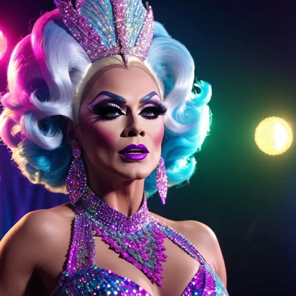 a woman in a drag queen costume with a microphone and other women, drag, ru paul\'s drag race, drag queen, patron saint of 🛸🌈👩🏾, cardi b, doja cat, tv still, by Dan Frazier, by Elena Guro, taken in the early 2020s, by Jeka Kemp, by Jeanna bauck