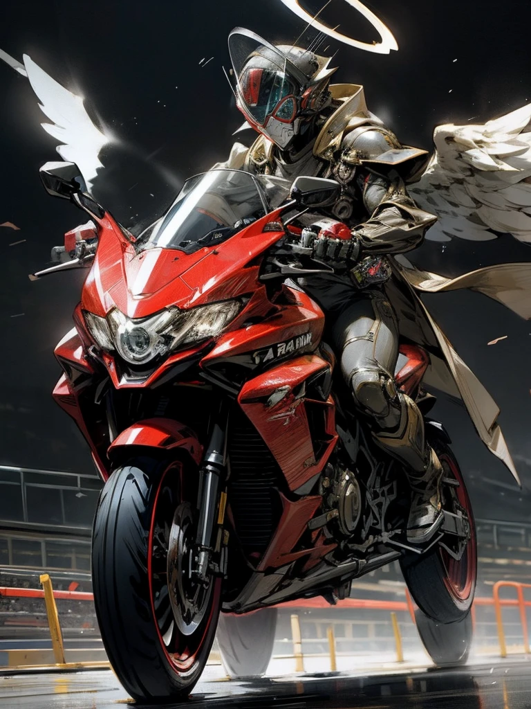 Kamen Rider,Angel,huge beasts woman,Saitama super arena background,rider kick,halo,morter cycle riding,riders battle royal,