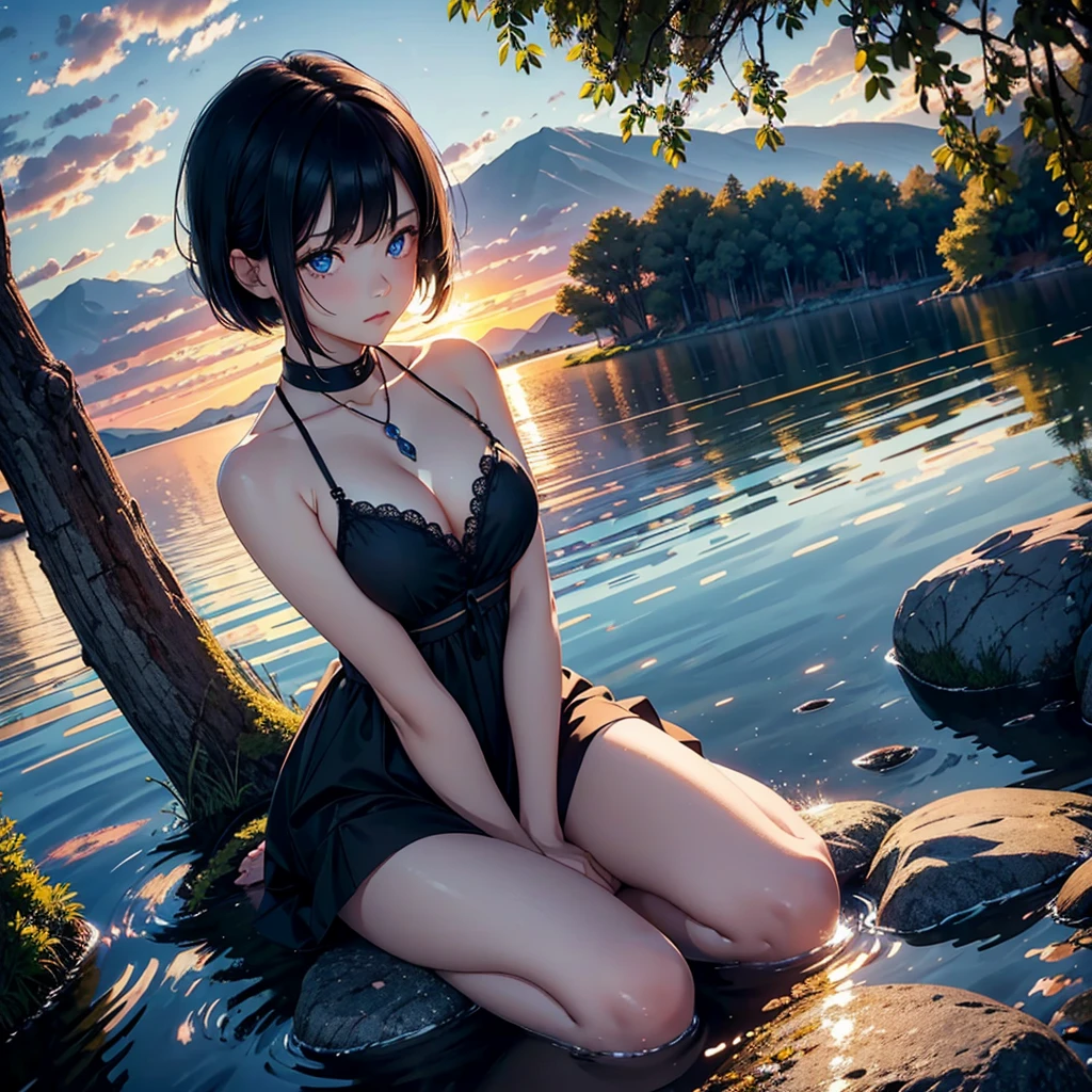 1 girl, serene expression, mesmerizing eyes, straight short black hair, blue eyes, flowing black dress, poised posture, porcelain skin, subtle blush, crystal pendant BREAK golden hour, (rim lighting):1.2, warm tones, sun flare, soft shadows, vibrant colors, painterly effect, dreamy atmosphere BREAK scenic lake, distant mountains, willow tree, calm water, reflection, sunlit clouds, peaceful ambiance, idyllic sunset, ultra detailed, official art, unity 8k wallpaper , zentangle, mandala, angry face