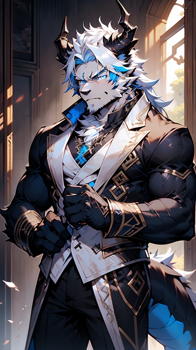 (masterpiece),Very detailed,(best quality),hairy,Wolf,male,Dragon Scale,black dragon horns,blue eyes,White hair,Black fur,尾巴hairy的,Blood in left eye,Hide in a corner,(Expression of fear),Be honest and trustworthy,Handsome,8K,(high quality)