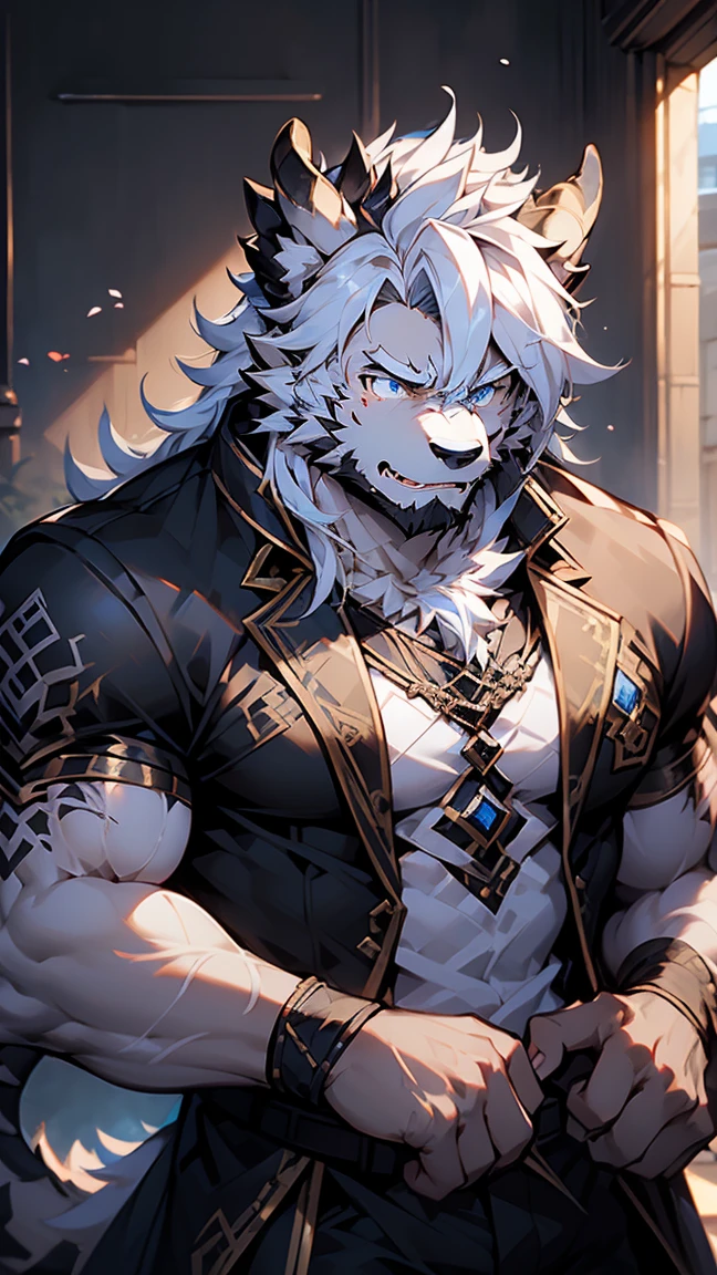 (masterpiece)，Very detailed，(best quality)，hairy，Wolf，male，Dragon Scale，black dragon horns，blue eyes，White hair，Black fur，尾巴hairy的，Blood in left eye，Hide in a corner，(Expression of fear)，Be honest and trustworthy，Handsome，8K，(high quality)