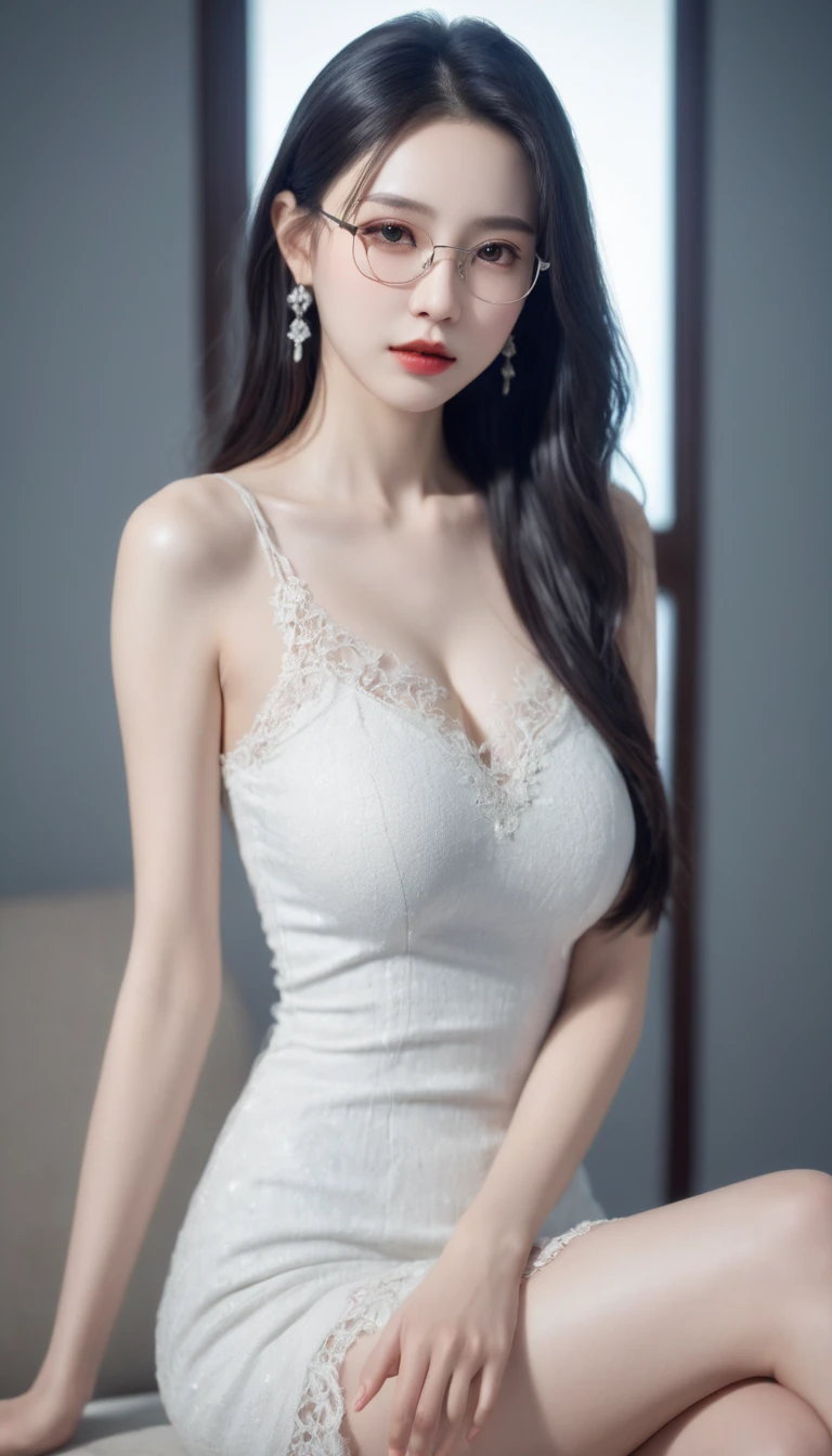 Top CG, Highest image quality, masterpiece, Delicate and gentle beautiful girl, (185cm美女), (Slender figure), Imperial sister, Queen temperament, White skin, ((Long legs)), Perfect facial features, Bright Eyes, posture, Red lips, Beautiful and cold (A major breakthrough)), Beautiful and heroic, Soft and long hair, shiny, lace, net, Skin visible through perspective, wear glasses, Diamond Earrings, Ruby Necklace, (evening dress), 8K Image Quality, (Realistic Portraits), Characters fill the screen, (Facial lighting), ((permanent)