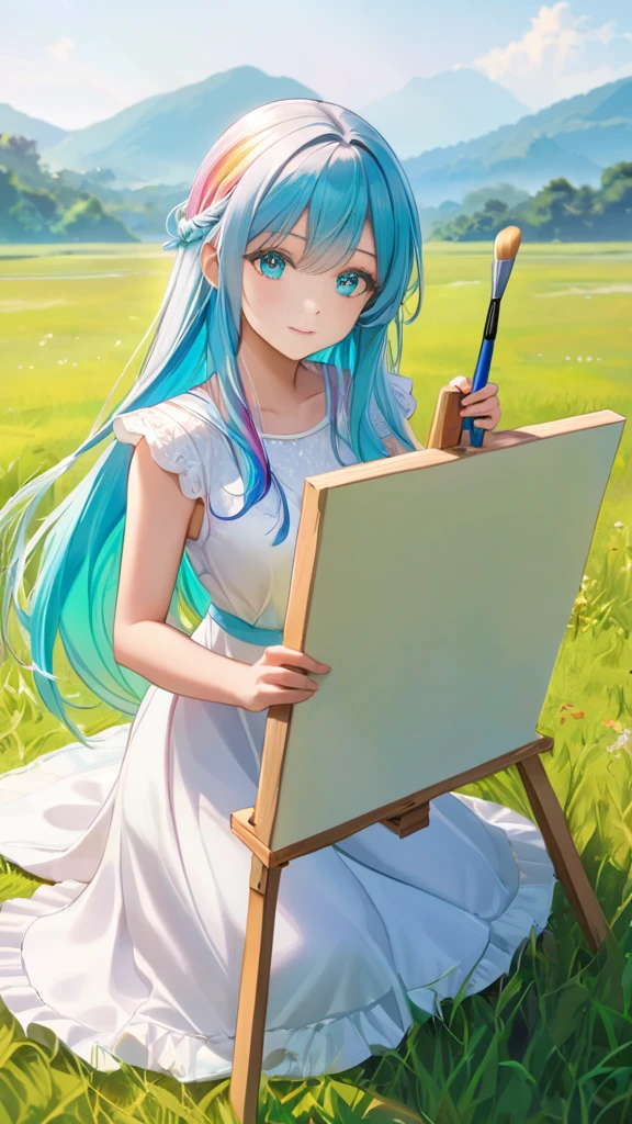 1 Female, Beautiful, Humble, Kind, long hair upper waist Stright, Aqua blue pupil eyes colour, Multi-Colours rainbows Hairs, White Drees flowing with skirt, holding brush sit on grass front blank stand canvas, Open grassland background in the morning.