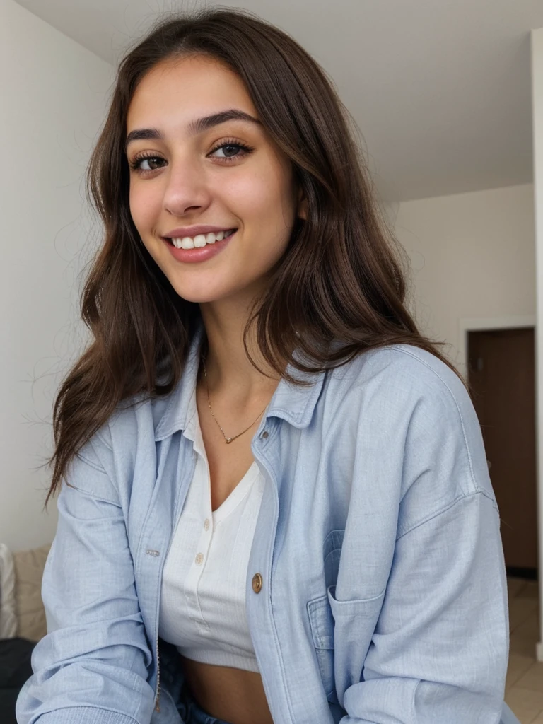 one cute women, 20YO, white, Arab, cute face, realistic brown eyes, blue jacket, brown hair, cute smile, skinny face, white realistic teethes, big eyes, long hair