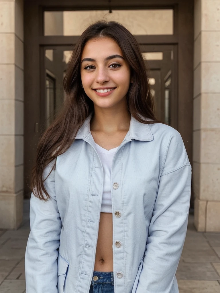 one cute women, 20YO, white, Arab, cute face, realistic brown eyes, blue jacket, brown hair, cute smile, skinny face, white realistic teethes, big eyes, long hair