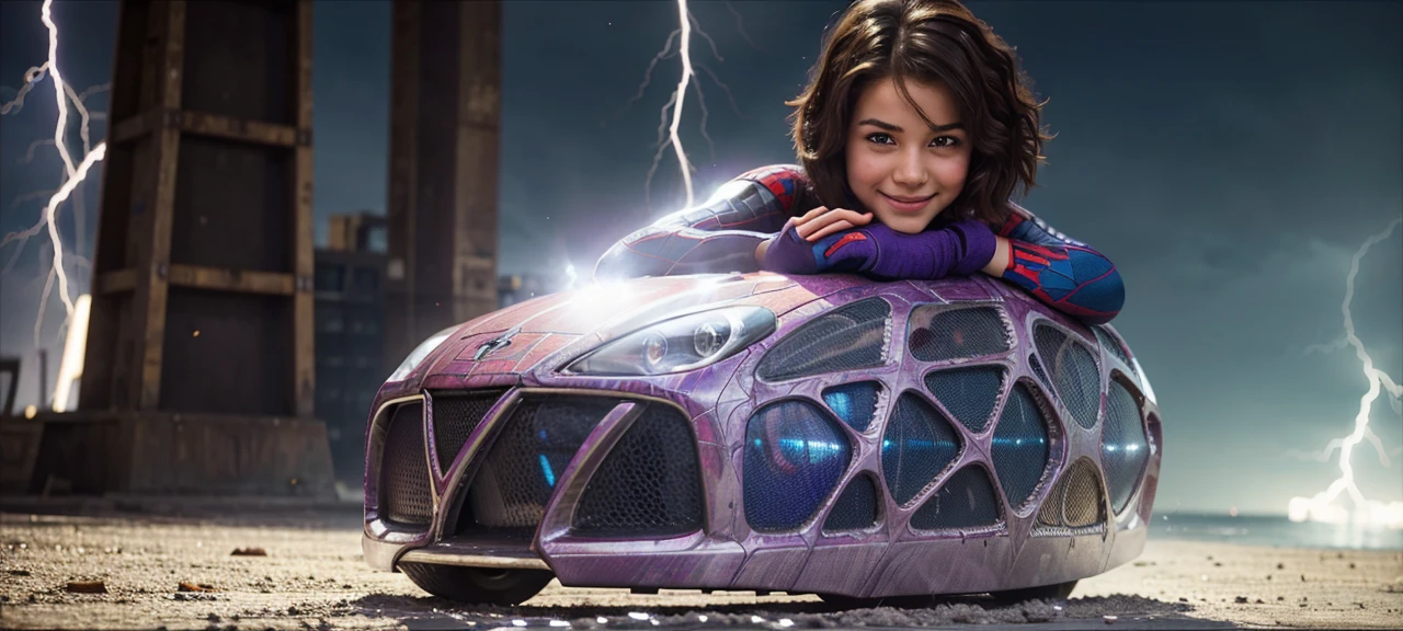 Young girl, short brown hair, purple eyes, Spider-Man 2099 shape, smile, cobweb, lightning, masterpiece, high quality
