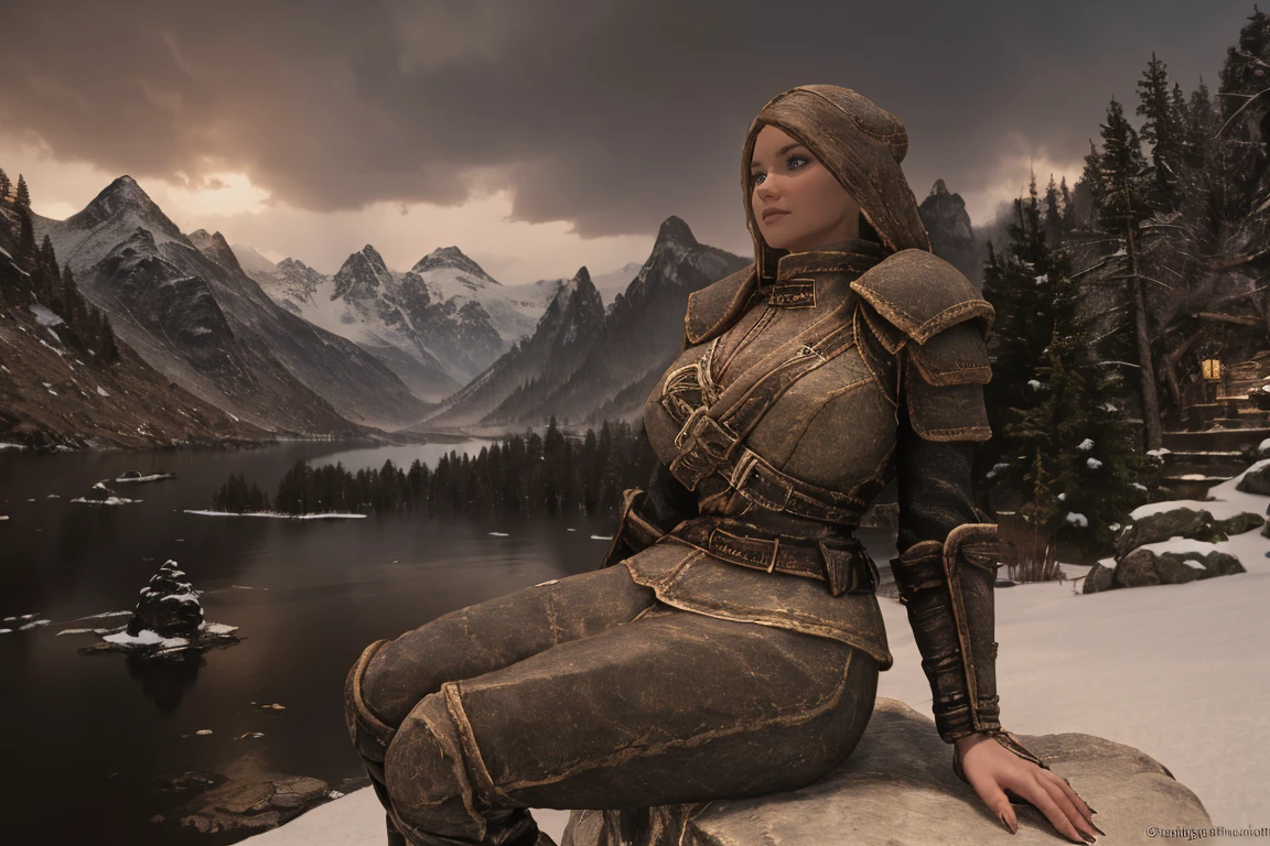 Against the breathtaking backdrop of a snow-capped Skyrim landscape, a stunning blonde female Breton sits elegantly, clad in supple leather armor adorned with intricate details. Her flowing skirt rustles against the cold wind as she poses confidently, her boots sturdy and strong. The soft glow of the winter sun casts a warm ambiance, illuminating her striking features and the delicate curves of her body