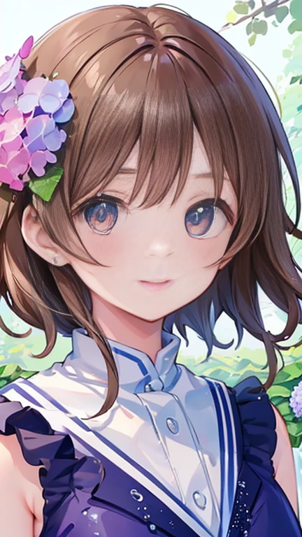 Highest quality, masterpiece, Ultra-high resolution, 8k, Show anime style , 1 girl, Soft line drawing, Digital Enhancement, shojo anime touch, shojo manga core, Flowing fabric, close, Soft Drawing, Ultra High Definition Digital Anime Art, Clear facial depiction, Highly detailed girl manga character art, Ultra-detailed manga style, Highest qualityの色, (Short brown hair)),, Beautiful brown hair, Clear brown eyes, A little chubby,Small breasts,Small butt,(((Teasing Smile)) 、Purple outfit、Rainfall,Hydrangea garden,Water droplets fall、Wet your hair ,See hydrangea flowers along the road, Close up of face and hydrangea flower