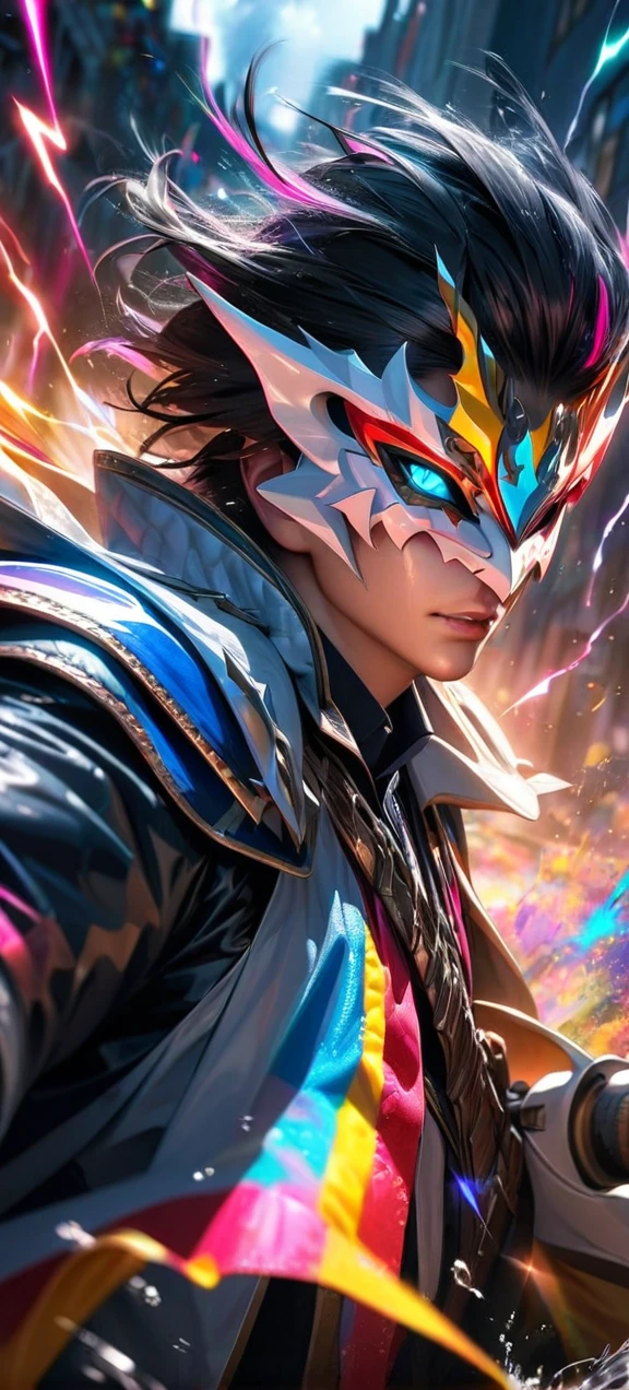 High quality, ultra realistic,absurdres, highres, ultra detailed, HDR, masterpiece, extremely detailed face and eyes,  white dragon knight, dragon knight mask,,colorful Black hair , , solo, ,man, handsome, , , Epic fight scene, colorful splashing effect,colorful lightning  effect,glowing glitters , 