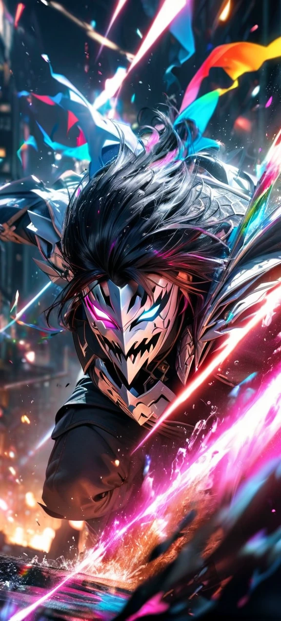 High quality, ultra realistic,absurdres, highres, ultra detailed, HDR, masterpiece, extremely detailed face and eyes,  white dragon knight, dragon knight mask,,colorful Black hair , , solo, ,man, handsome, , , Epic fight scene, colorful splashing effect,colorful lightning  effect,glowing glitters , 