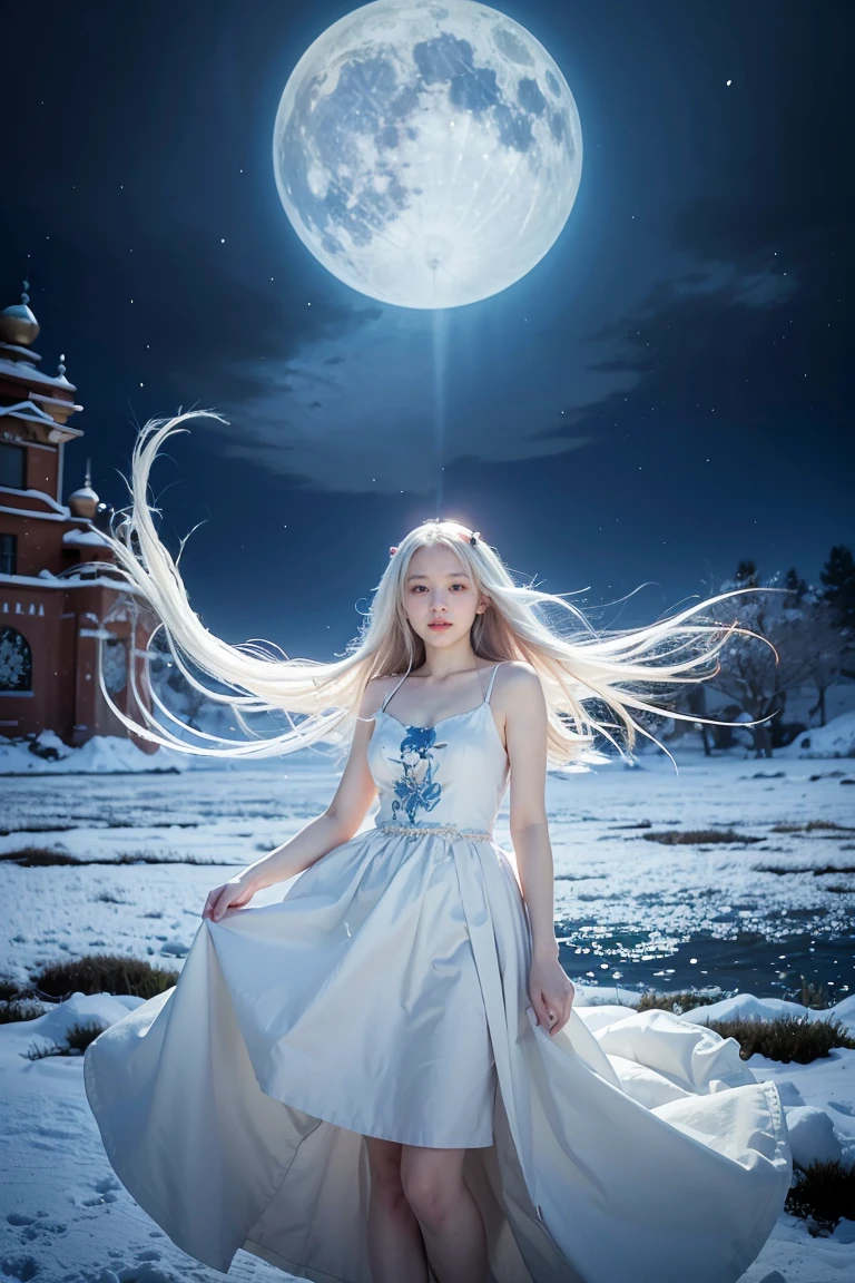 anime girl with long white hair and a blue dress in the snow, white haired deity, white hair floating in air, anime fantasy illustration, flowing white hair, beautiful young wind spirit, beautiful fantasy anime, glowing flowing hair, ethereal anime, beautiful anime artwork, beautiful digital artwork, anime fantasy artwork, ((a beautiful fantasy empress)), 2. 5 d cgi anime fantasy artwork