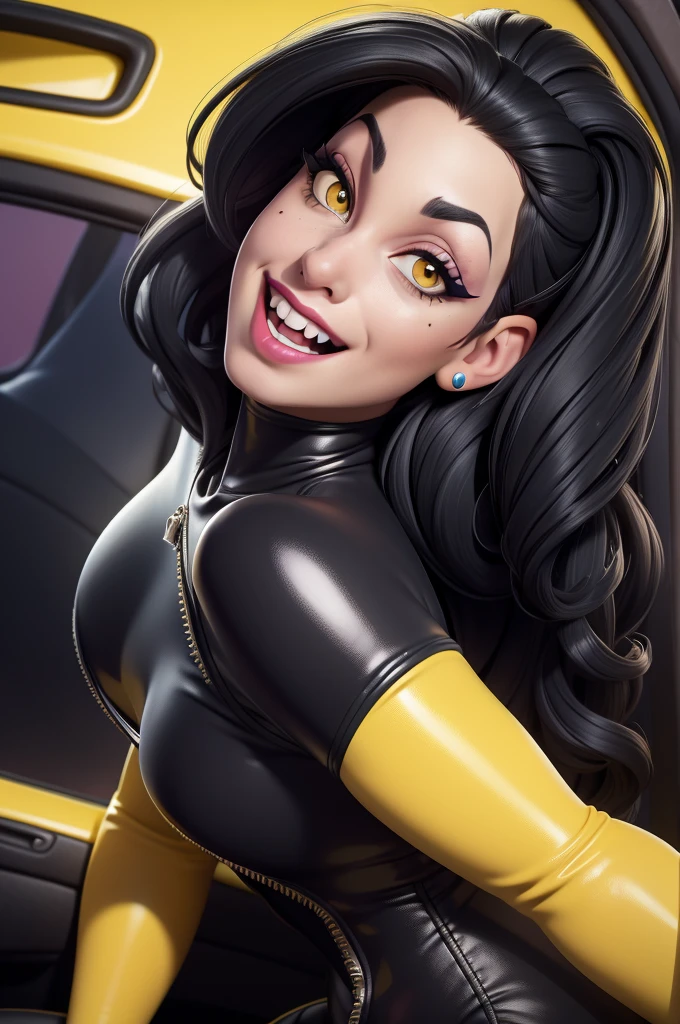 obra prima, melhor qualidade, (amy winehouse vamp 70yo face wrinkles) head back, sassy wicked girl, big toothy smile, open mouth, (shiny fat black lipstick,) thick smoky black eye shadow, long fake eyelashes, raven black mullet hair, ((totally yellow leather body suit,)) with studs zippers snaps, shiny leather gloves, body is skinny, reclining in car seat, arched back, hips twisted, overhead camera view, looking down at me, shallow depth of field, highres, HD, 8k, anatomically correct