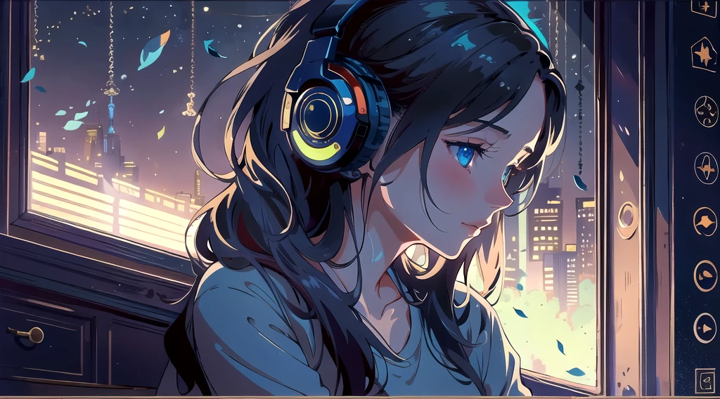 Create an illustration of a girl with dark hair and blue eyes, sitting sideways in front of the window of her room, She is wearing headphones and has a sentimental and introspective expression, Moonlight softly shines into the room, gently illuminating the space, Curtains sway in the breeze, enhancing the serene, melancholic atmosphere, Emphasizing the themes of solitude, silence, and the depths of night, the room is dark but slightly illuminated by moonlight