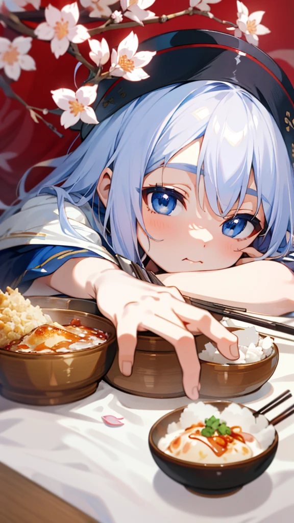 （Highest quality，masterpiece，Surreal），Silver Hair、blue eyes、Lying on the futon、Eat katsudon、looks delicious、Holding chopsticks in your right hand、Beautiful and delicate girl portrait，Playful and cute，Background Petals fluttering，