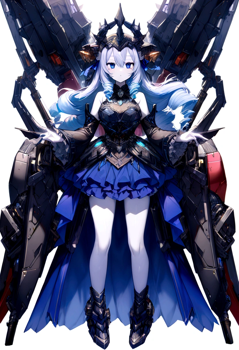 score_9, score_8_up, score_7_up, best quality ,masterpiece, 4k, Japanese anime, 1girl, (white skin:1.2), navy blue hair, medium length hair, blue ribbon, drill hair, wavy hair, (mechanical dragonhorn:1.5), (mechanical wing:1.2), (eye lashes:1.3), (eye shadow:1.3), blue eyes, (beautiful detailed eyes:1.4), laugh, 130cm tall, original character, fantasy, (white background:1.2), (full body:1.8), beautiful fingers, standing, (blue black lace frill armor dress:1.5), (mechanical headdress:1.5) , shoot from front, looking at viewer ,
