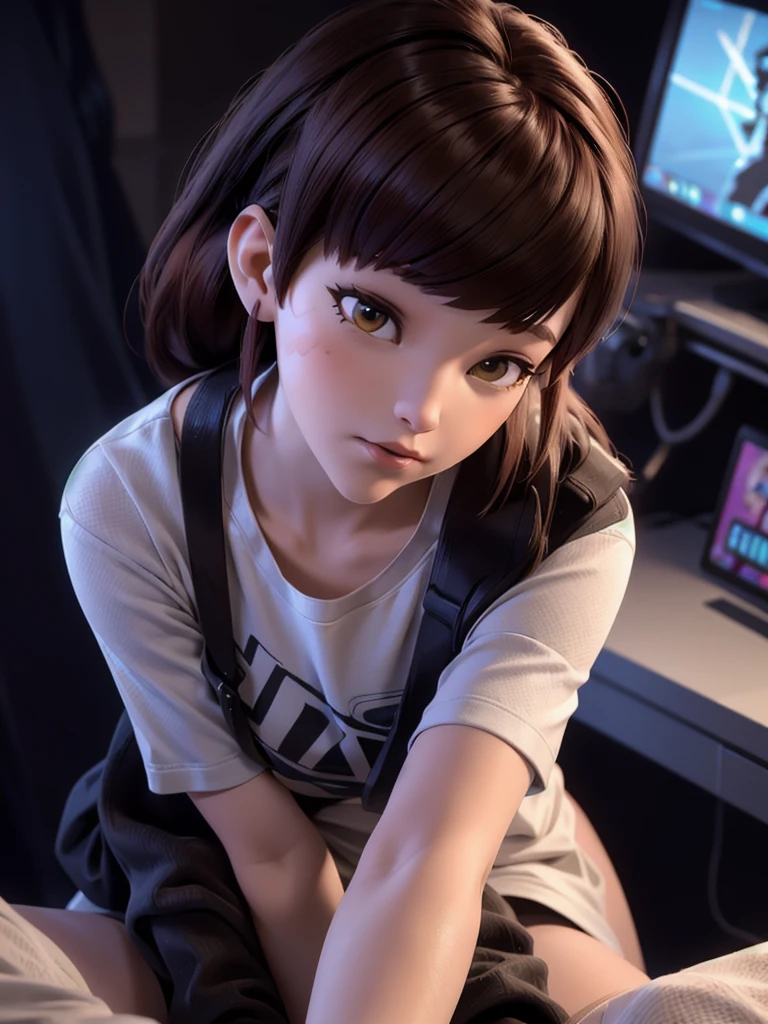 ((DVA from Overwatch)) without her mech, a woman with short brown hair in a (ponytail),she sits on her bed with her legs spread, high quality refelctions, volumetric lighting, she is wearing a ( ice white cropped loose fit t-shirt), the cropped shirt is hanging at the bottom as it is loose,  very short sleeves, in her bedroom on her bed, 1 girl solo, cinematic lighting, high resolution, physically-based rendering, 8k, volumetric lighting, hyperrealistic, detailed facial features, masterpiece, full upper body, gaming setup in background, cinematic, you can see the fabric of the shirt and the knits very detailed,(she has very small  breasts), (nsfw), the focus is on her whole body and the environment, cinematic screenshot, you can see the (whole room) and her sitting on the bed, she wears an ((underwear panty)) as she is going to sleep soon, the picture has a very soft look at soft textures