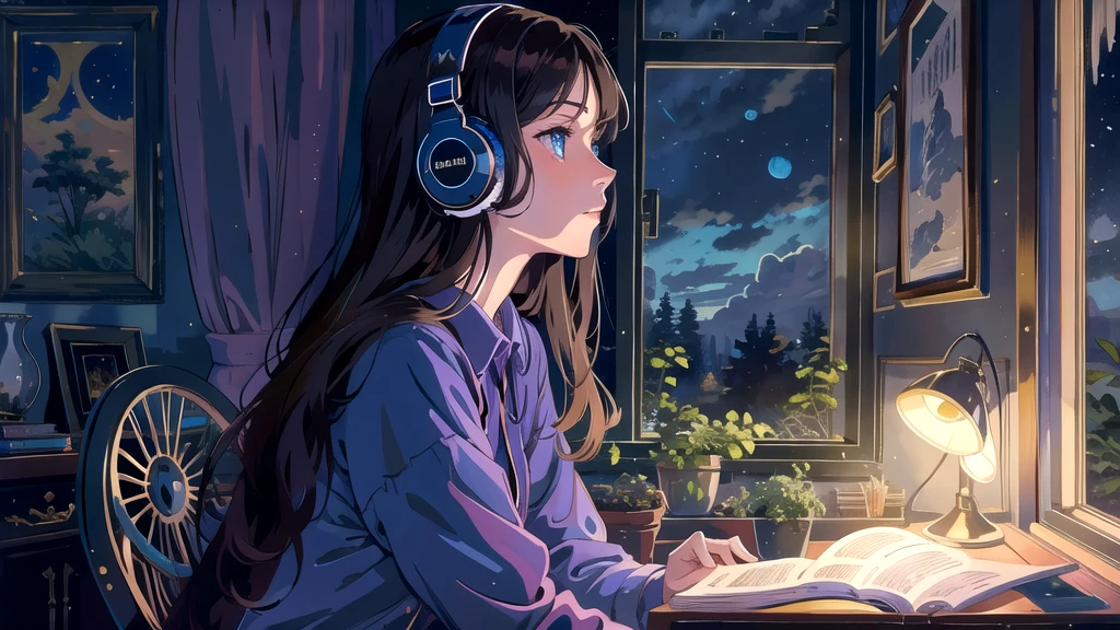Create an illustration of a girl with dark hair and blue eyes, sitting sideways in front of the window of her room, She is wearing headphones and has a sentimental and introspective expression, Moonlight softly shines into the room, gently illuminating the space, Curtains sway in the breeze, enhancing the serene, melancholic atmosphere, Emphasizing the themes of solitude, silence, and the depths of night, the room is dark but slightly illuminated by moonlight