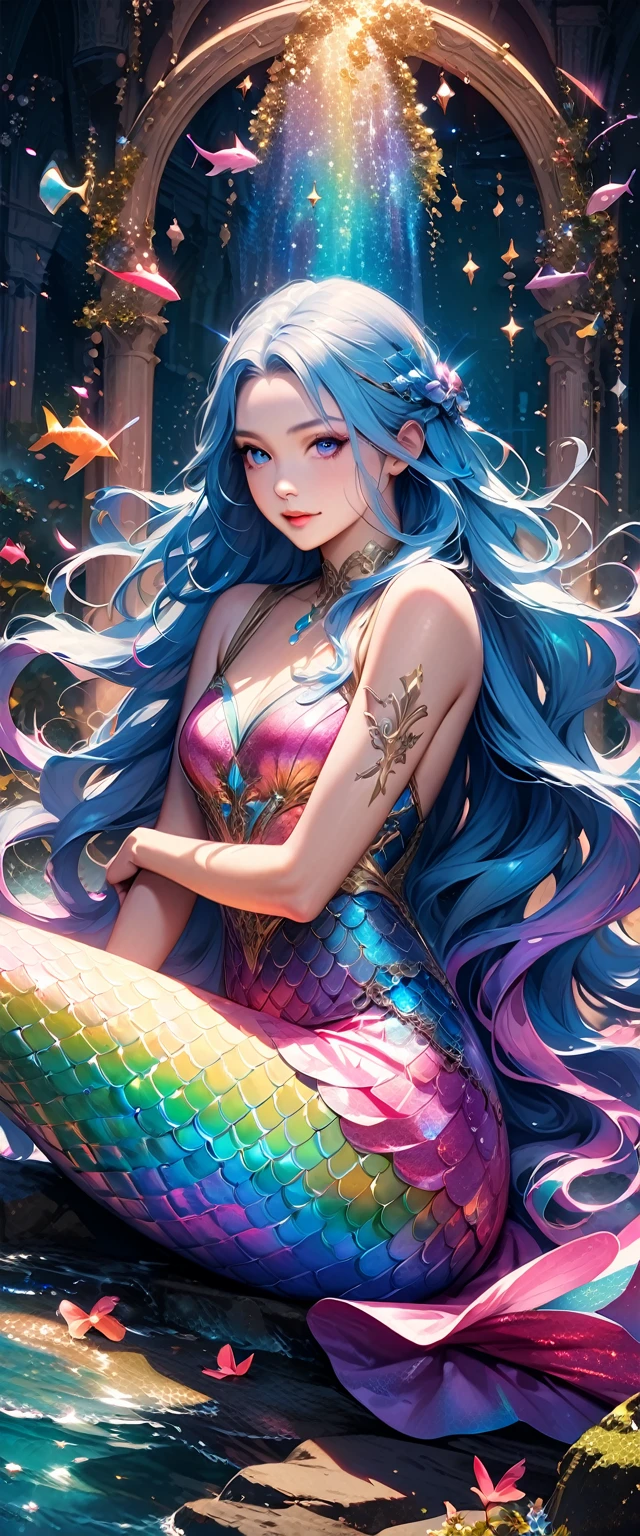 A beautiful mermaid with flowing,iridescent scales and long,flowing hair. She is sitting on a rock by the sea under the moonlight,surrounded by gentle waves and sparkling sea creatures.,(Style: Classic fantasy, realistic),(Details: Long hair, iridescent scales, moonlight, sea creatures, gentle waves),(anatomically correct),Highest quality,great quality,16k,incredibly absurd,very detailed,detailed and beautiful eyes,smooth and beautiful skin,Beautiful hair with shiny details,Draw carefully to the details,Complex gradations like watercolors,Brightly colored,great color balance,happy dream,zentangle elements,rendering,chant colorful spells,((Glitter)),Hologram processing,fantastic,magic effect,Place fine particles of light,Carefully draw the face line,natural makeup,attractive,Perfect proportions