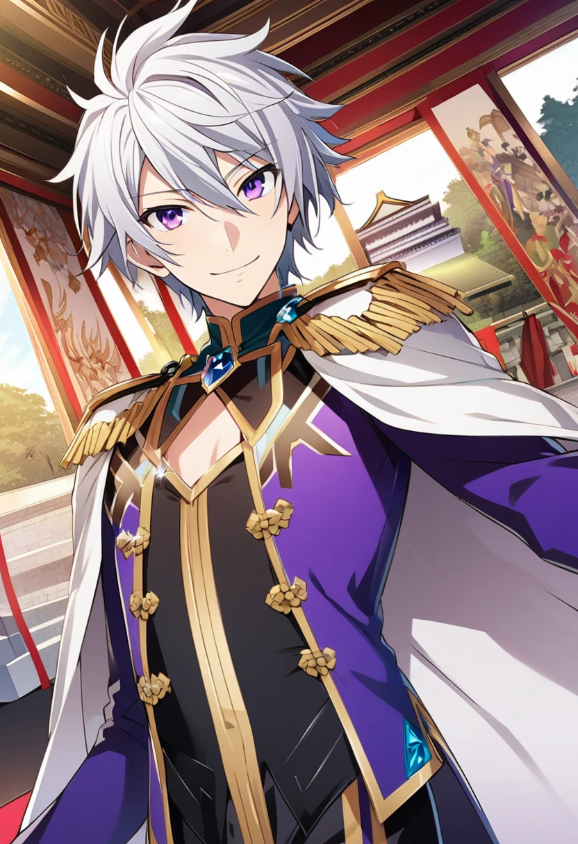 Hyakuya Yuuichiro \(AKB0048 Next Stage\), (short hair), (silvery white hair), (bejeweled eyes), (purple eyes):1.2, Prince costume, smiling mischievously, cape, ((ultra-detailed)), ((illustration)), (neat hair)), (beautiful detailed eyes), male, 1boy, ((imperial palace)), looking at viewer