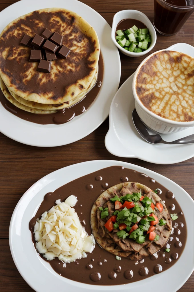 Pupusas y bebida de chocolate caliente, con clima nublado