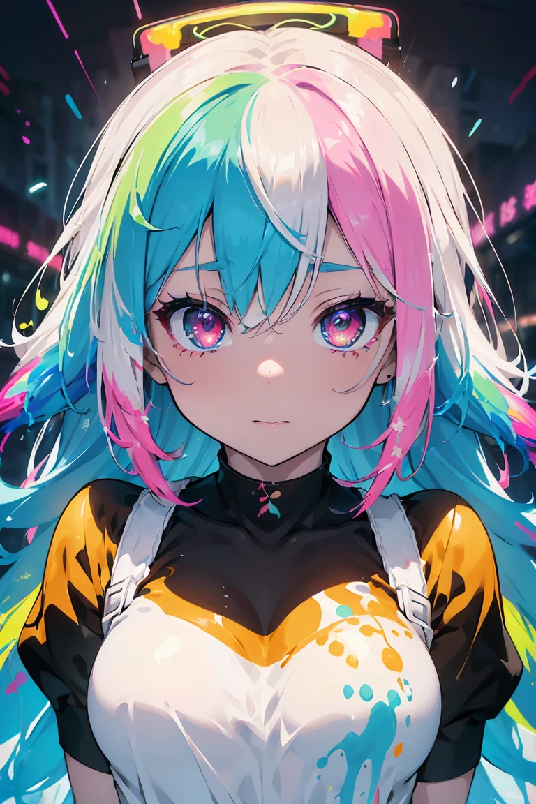 (Maid clothes), Eyes that shine like jewels, Anime Girls, (Big Breasts:1.3),((Upward glance:1.3, Perfect Eyes , The rainbow shines、Very detailed turquoise red eyes:1.1, Gradient Eye:1, Beautiful fine details:1, Symmetrical eyes:1, Big Eye Highlights:1.2)), blush, (Open your mouth), anger,In a psychedelic room, (White skin: 1.5, Sunburned skin, White skin, very White skin, Bright body), Psyche Tranceのイラスト, Psyche Trance, psychedelic art style, Neon Color Theme, (((masterpiece))), (Complex), 8k, Highest quality, (Visual Strength: 1.5),
(((liquid paint hair:1.1))) ,(((Neon colored hair :1.5))), ((I drew、Defying Gravity,A thick current),(Paint splashes:1.3), (Shiny Hair: 1.3), (Bright colors), Embarrassing,Centered,Scale to fit,Three-part method, A body nicely covered in paint on a multicolored background, Colorful Themes, Splash Paint Regeneration, Beautiful light, Colorful light particles,High contrast in clothing, Color Splash, Colored walls, Complex 詳細, Exposure Blending, High resolution, (Graffiti art)