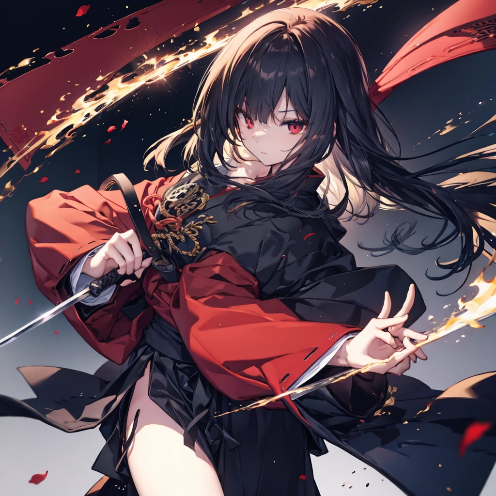 ((blackい髪　Long Hair　black　military commander　One person　Lonely　Red Flag　Eye patch))　((night　Japanese style　old　Shining Aura))　(dance　Burning Blade　Shining Japan sword　Draw your sword　Holding the Sword　With sheath)　moon　star　Draw your sword　Slashing　Catch the wind　printing　A tense face　ability　kimono