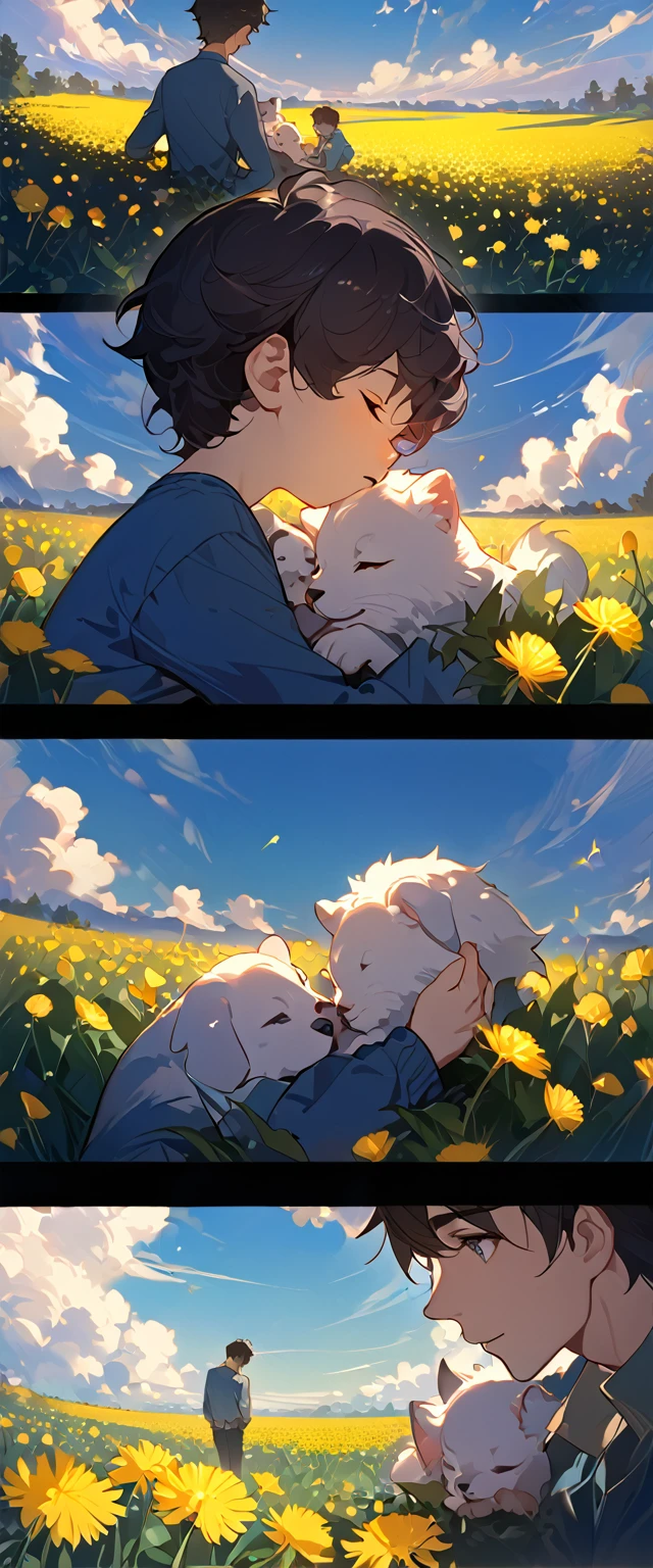 masterpiece, best quality, 8k, 4k, 1boy, ???, sleeping, dark blue hair with red stripes, closed eyes, blue long sleeve shirt, short pale brown pants with pocket, a small white furry puppy sleeping next to the boy, cute round siberian white puppy, dandelions fields, dandelions, wind blowing, sleeping on the fields, finely detailed eyes and detailed face, focus background, inspired by Asukaziye artist : ask, art style : ask